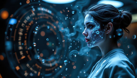 Futuristic Portrait of a Young Woman with Digital Interface and Floating Bubbles, Evoking Concepts of Technology, Innovation, and Artificial Intelligenceの素材