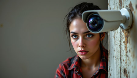 Young woman gazing thoughtfully at a surveillance camera in a rustic environment, reflecting themes of privacy, security, and modern technologyの素材