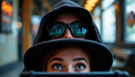 Young people with striking eyes wearing hoodies and sunglasses, peeking from behind a stylish hat, showcasing a blend of fashion and confidenceの素材