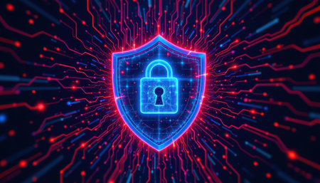 Vibrant Digital Shield with Lock Symbol Representing Cybersecurity, Data Protection, and Online Safety in a High-Tech Network Environmentの素材