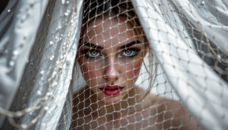 Stunning portrait of a young woman with mesmerizing eyes, framed by delicate lace and soft fabric, evoking beauty and elegance in a captivating settingの素材