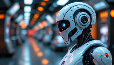 Futuristic humanoid robot with advanced technology features in a sleek, modern sci-fi corridor illuminated by ambient lightingの素材