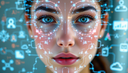 Futuristic Portrait of a Young Woman with Neural Network Graphics Representing Digital Networking, Connectivity, and Artificial Intelligence Conceptsの素材