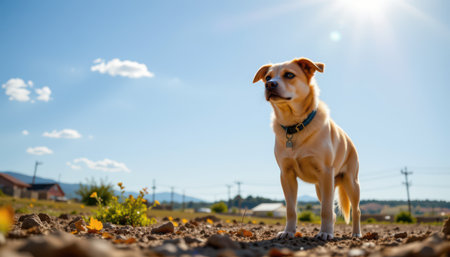 Golden Dog Standing on Rocky Ground Under Bright Blue Sky with Sunlight and Fluffy Clouds in Beautiful Outdoor Landscape Settingの素材