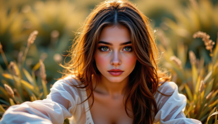 Young woman in a natural setting with soft sunlight highlighting her features, gazing serenely amidst tall grass and wildflowers in a vibrant outdoor sceneの素材