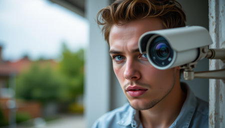 Young man observing a security camera in a modern urban environment, expressing curiosity and alertness about surveillance technology in daily lifeの素材