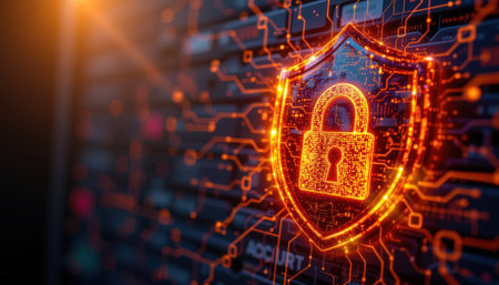 Digital security concept with glowing padlock symbol, technology circuit board background, data protection, cyber defense, internet safety, secure accessの素材