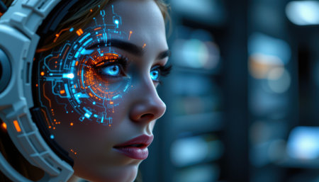 Futuristic Woman with Cybernetic Features Displaying Advanced Technology and Digital Interface Elements in a Dark Sci-Fi Environmentの素材