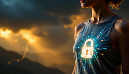 Young Woman in Sporty Attire with Digital Lock Symbol Representing Security and Innovation Against Dramatic Sky Backgroundの素材
