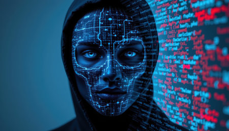 Mysterious figure with digital circuit patterns and glowing eyes, representing artificial intelligence and modern technology in a futuristic settingの素材
