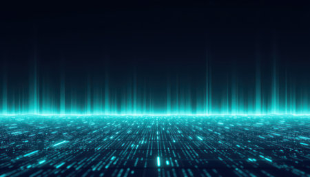 Futuristic digital landscape with glowing blue lines and floating data points creating a cybernetic atmosphere and depth perception in a dark environmentの素材