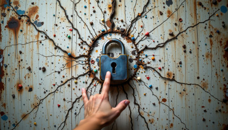 Hand Reaching for a Rusty Lock on a Colorful Abstract Background with Texture and Detail Symbolizing Security and Hidden Secretsの素材