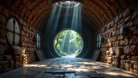 Ethereal Light Streaming Through Archway of Rustic Stone Tunnel Into Lush Green Forest, Invoking Serenity and Tranquility in Nature Settingの素材