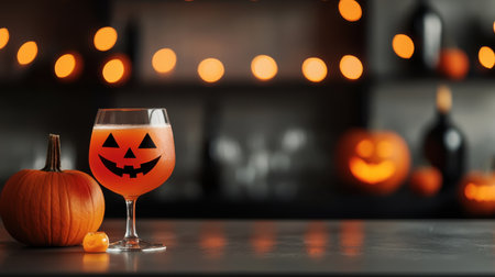 Halloween-themed cocktail drink in a glass with pumpkin decoration and glowing jack-o'-lanterns in the background for festive celebrationsの素材