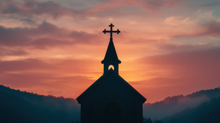 Serene Sunset Behind Church Steeple with Cross Silhouette Surrounded by Misty Mountains in Vibrant Colors of Twilight Skyの素材