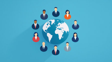 Diverse group of people representing global collaboration and unity around a stylized globe, showcasing teamwork across cultures and continents.の素材