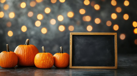 Vibrant pumpkins arranged beside a rustic wooden chalkboard in a festive autumn setting with soft bokeh lights creating a warm seasonal atmosphereの素材