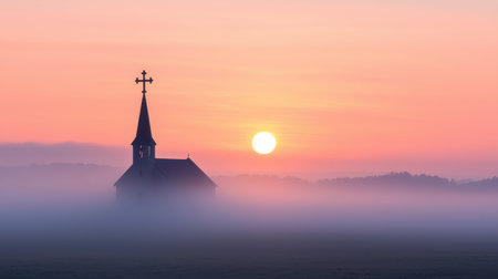 Serene Sunrise Over Church Steeple in Foggy Landscape with Soft Pastel Sky and Tranquil Atmosphere Reflecting Peaceful Morning Vibesの素材