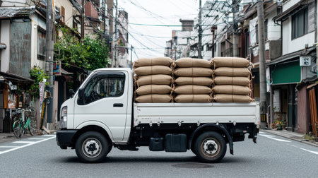 White small truck loaded with bags parked on a city street surrounded by traditional buildings and power lines in an urban neighborhood.の素材