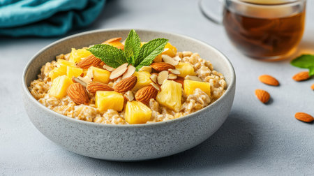 Healthy Breakfast Bowl with Oatmeal, Fresh Pineapple, Almonds, Mint Garnish, and a Cup of Herbal Tea on a Gray Backgroundの素材