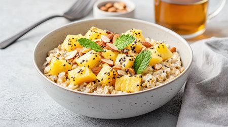 Healthy Breakfast Bowl with Oatmeal, Pineapple, Almonds, and Mint Garnish Served with Herbal Tea on a Grey Backgroundの素材