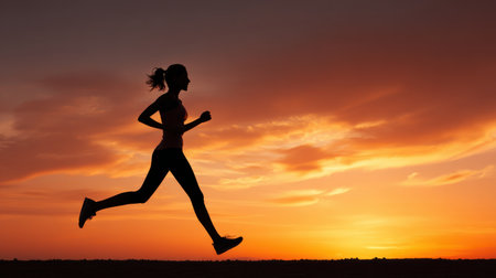 Silhouette of a Woman Jogging at Sunset, Runner in Motion Against Dramatic Sky, Fitness and Health Concept, Outdoor Exercise in Twilightの素材