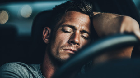Pensive Young Man with Closed Eyes Leaning on Steering Wheel in Car, Reflecting on Life's Challenges in Evening Lightの素材