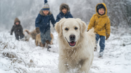 Happy golden retriever running through snowy landscape with playful children in winter jackets enjoying a snowy day outdoors in a serene natural settingの素材