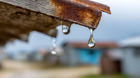 Water Droplets Drip from Rusty Metal Roof in Outdoor Setting with Blurred Background of Distant Buildings and Cloudy Skyの素材