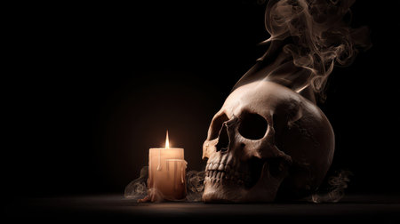 Dark Still Life with Skull and Candle, Evoking Mystery, Death, and the Passage of Time in a Dramatic Lighting Environmentの素材
