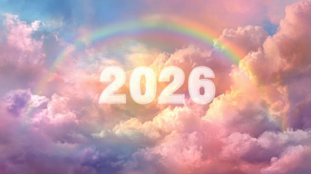 Vibrant Colorful Clouds with a Rainbow Overhead and the Year 2026 Displayed as a Symbol of Hope and New Beginnings in a Dreamlike Skyの素材