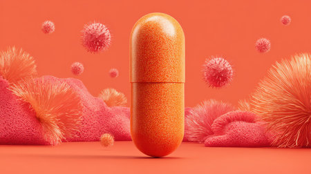 Vibrant Orange Capsule Surrounded by Abstract Microorganisms and Textures on a Bold Coral Background for Health and Science Conceptsの素材