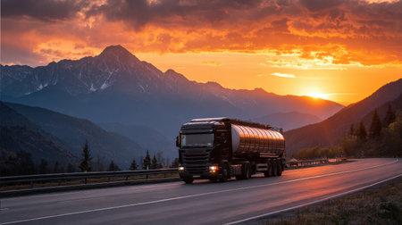 Black tanker truck driving along a scenic highway at sunset with mountains and dramatic sky illuminating the backdrop of nature's beautyの素材