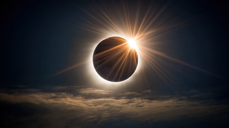 Stunning Total Solar Eclipse with Radiant Sun Rays and Dark Moon Silhouette Glowing Above Cloudy Horizon in a Breathtaking Celestial Displayの素材