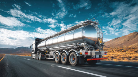 Sleek silver fuel tanker truck driving along a scenic coastal road under a vibrant blue sky and dramatic mountain backdropの素材