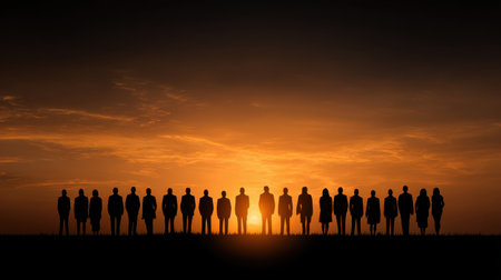 Silhouette of Diverse Group of People Standing Together at Sunset Against a Fiery Orange and Yellow Sky for Teamwork and Unity Conceptの素材