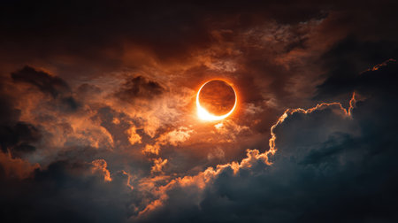 Dramatic Solar Eclipse with Fiery Corona Surrounded by Dark and Moody Storm Clouds Under an Enigmatic Twilight Skyの素材