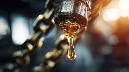 Close-Up of Oil Droplet Dripping from Metal Equipment in Industrial Setting with Warm Lighting and Chain in Backgroundの素材