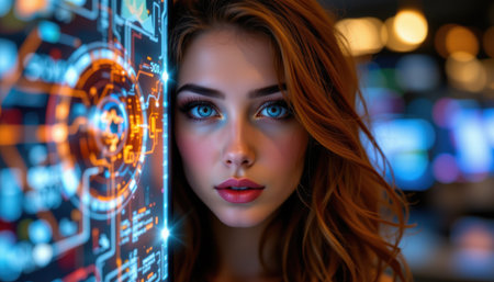 Captivating Portrait of a Young Woman with Vibrant Blue Eyes and Digital Background Reflecting Technology Trends and Modern Aestheticの素材