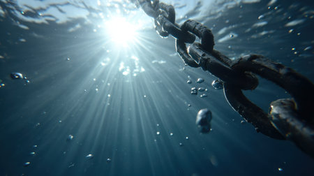 Underwater Scene Featuring a Rusty Chain with Sunlight Rays Penetrating the Water Surface and Bubbles Rising in a Serene Aquatic Environmentの素材