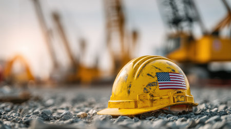 Yellow Construction Helmet with American Flag Emblem on Gravel at a Construction Site Under Sunset with Cranes in the Backgroundの素材