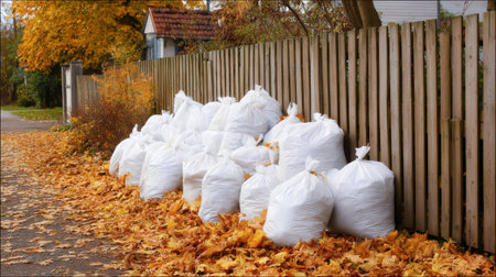 Piles of White Trash Bags on a Street Surrounded by Colorful Autumn Leaves and a Wooden Fence in a Residential Areaの素材