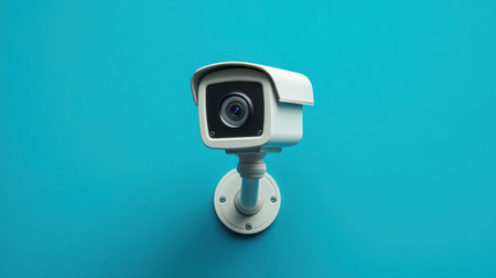Close-up of a modern security camera mounted on a wall against a vibrant blue background, illustrating surveillance technology and home security systems.の素材