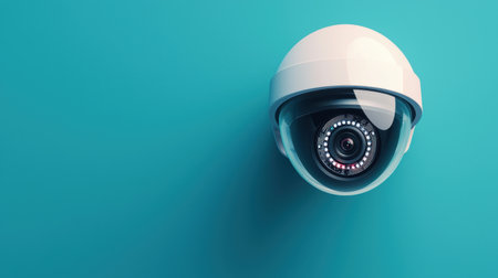 Modern security camera with dome design and wide-angle lens mounted on teal wall for surveillance and home monitoring safety technology systems.の素材