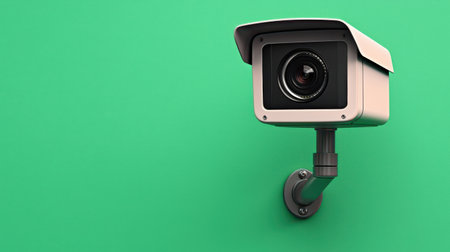 Close-up of a modern security camera mounted on a wall with a vibrant green background, highlighting surveillance technology and security equipment for monitoring.の素材