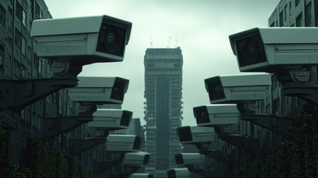 Abandoned surveillance cameras mounted on poles overlooking an abandoned urban street with tall buildings and overcast sky in a deserted city scene.の素材