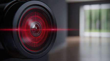 High tech speaker with red laser light and sound waves illustration for audio technology, music system, home theater, loudspeaker, and digital sound device.の素材