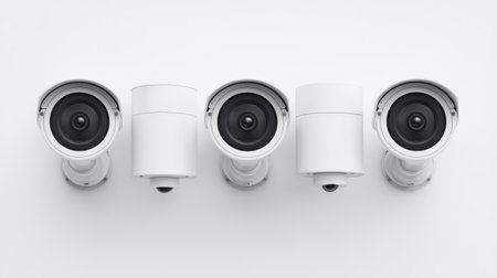 Four white security cameras mounted in a row on a plain white background for surveillance, safety, and monitoring systems in residential or commercial settings.の素材