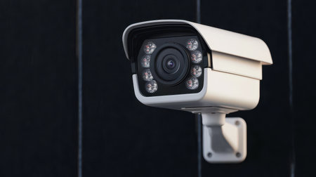 Close-up of a modern outdoor security camera mounted on a wall with a black background, featuring infrared LEDs and a sleek white casing for surveillance.の素材