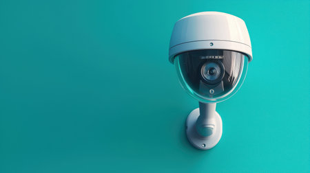 Modern security camera with dome design and wide-angle lens mounted on wall against solid teal background for surveillance and home security concepts.の素材